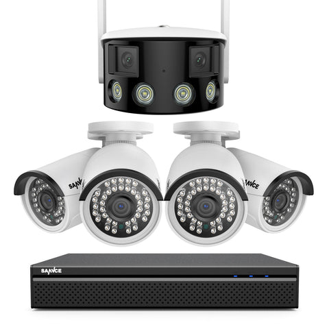 5MP 8 Channel 4 PoE Security Camera System + 1 Dual Lens Panoramic WiFi IP Camera, Color Night Vision, Two-way Audio 5MP 8 Channel 4 PoE Security Camera System + 1 Dual Lens Panoramic WiFi IP Camera, Color Night Vision, Two-way Audio