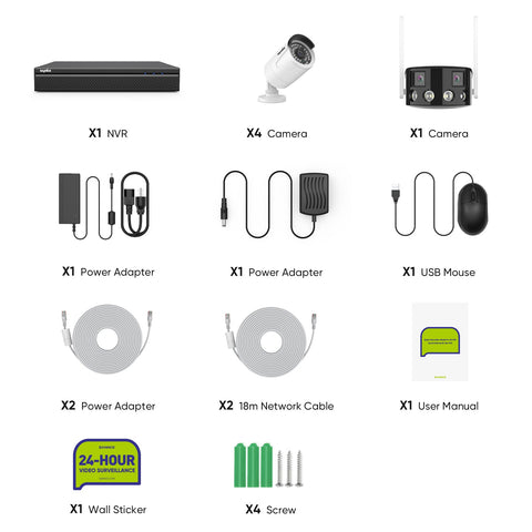 5MP 8 Channel 4 PoE Security Camera System + 1 Dual Lens Panoramic WiFi IP Camera, Color Night Vision, Two-way Audio 5MP 8 Channel 4 PoE Security Camera System + 1 Dual Lens Panoramic WiFi IP Camera, Color Night Vision, Two-way Audio