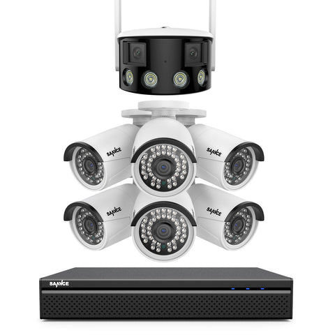 5MP 8 Channel 6 PoE Security Camera System + 1 Dual Lens Panoramic WiFi IP Camera, Color Night Vision, Two-way Audio 5MP 8 Channel 6 PoE Security Camera System + 1 Dual Lens Panoramic WiFi IP Camera, Color Night Vision, Two-way Audio