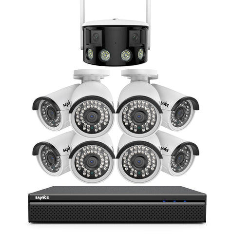 5MP 8 Channel 8 PoE Security Camera System + 1 Dual Lens Panoramic WiFi IP Camera, Color Night Vision, Two-way Audio 5MP 8 Channel 8 PoE Security Camera System + 1 Dual Lens Panoramic WiFi IP Camera, Color Night Vision, Two-way Audio