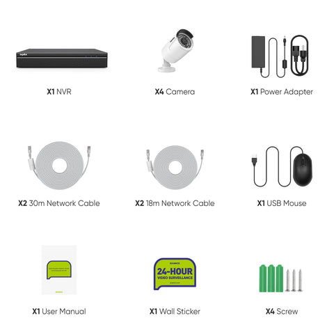 4K 8-Channel Wired PoE Security NVR System with 4 3MP Bullet CCTV IP Cameras, Audio Recording