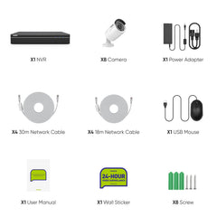 4K 8-Channel Wired PoE Security NVR System with 8 3MP Bullet CCTV IP Cameras, Audio Recording
